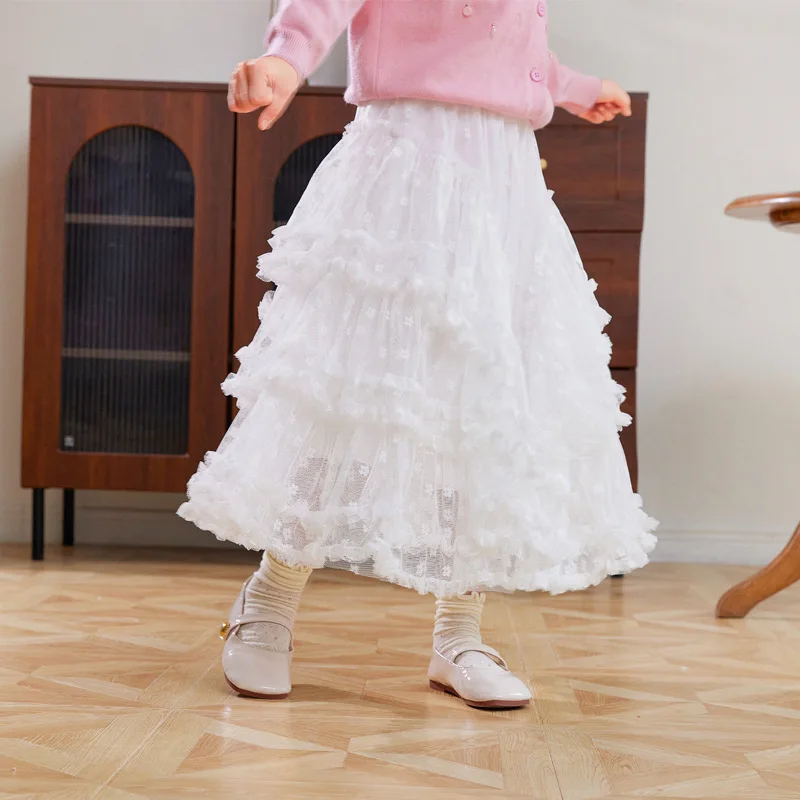 Girls New Spring and Autumn Sweet Middle-aged and Older Children's Long Skirt Korean Lace Cake Skirt Fluffy Skirt