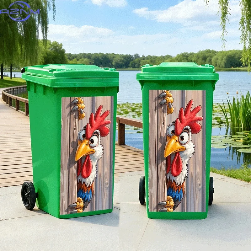 2D Flat Printing 1pc Trash Can Sticker, Peeking Chicken Behind Wooden Door Theme Design, Self-Adhesive Wall Decal Wallpaper, K