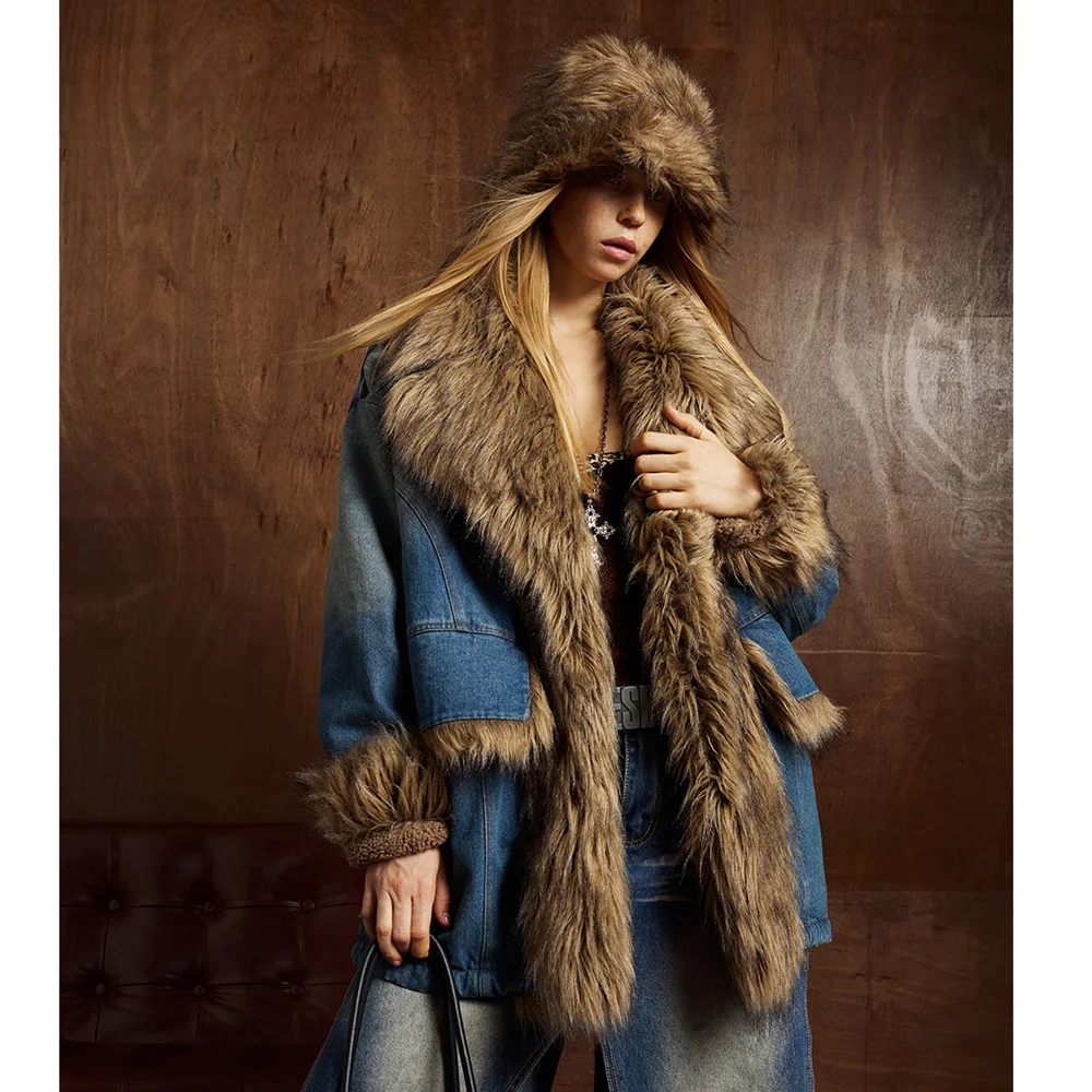 

Women American Rock Streetwear Vintage Y2k Fur Collar Winter Thicken Denim Jacket Sweet Girl Loose Casual Parkas Coat Outerwear