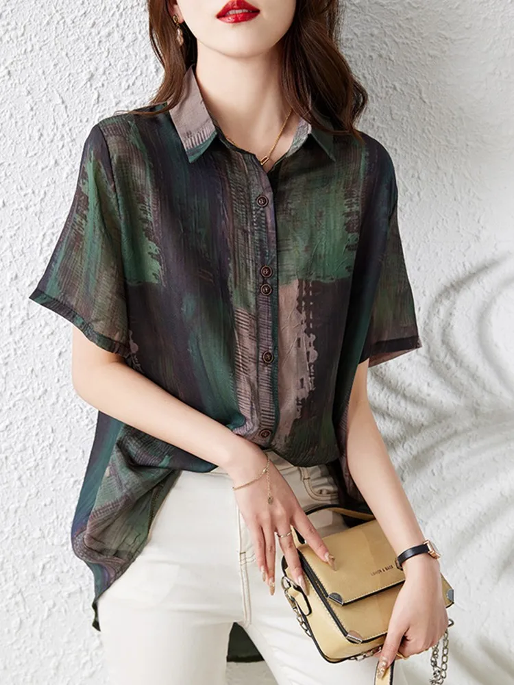 Women Summer Casual Shirts New Arrival 2023 Korean Style Turn-down Collar Vintage Print Loose Female Short Sleeve Tops B2562