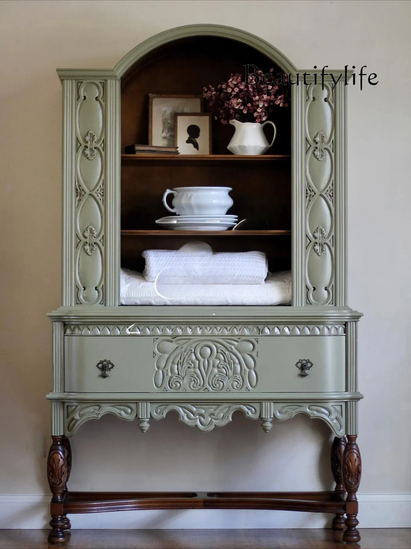 

ZY French Retro Solid Wood Carving Flower Against The Wall Dining Side Cabinet Storage Wine Cabinet Furniture Customization