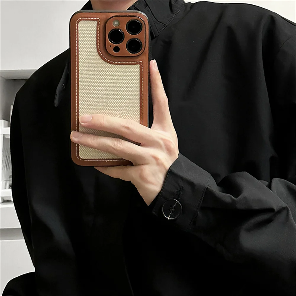 Stylish Retro Fabric Leather Soft Phone Case For iPhone 14 11 12 13 15 Pro Max X XR XS MAX 7 8 PLUS Protective Back Cover Funda