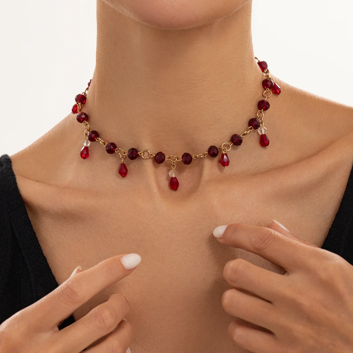 Ingemark Neue Gothic Unregelmäßige Rot-Schwarze Kristall-Quasten-Anhänger-Halskette für Frauen Vintage Verstellbare Kette Halloween-Schmuck – Detail 1
