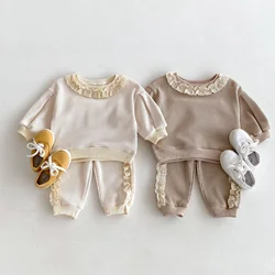 2024 Autumn Spring New in Sweet Lace Trimmed Stylish Sweatshirt + Pants Korean Kids Baby Girls' Casual Loose 2-Piece Set