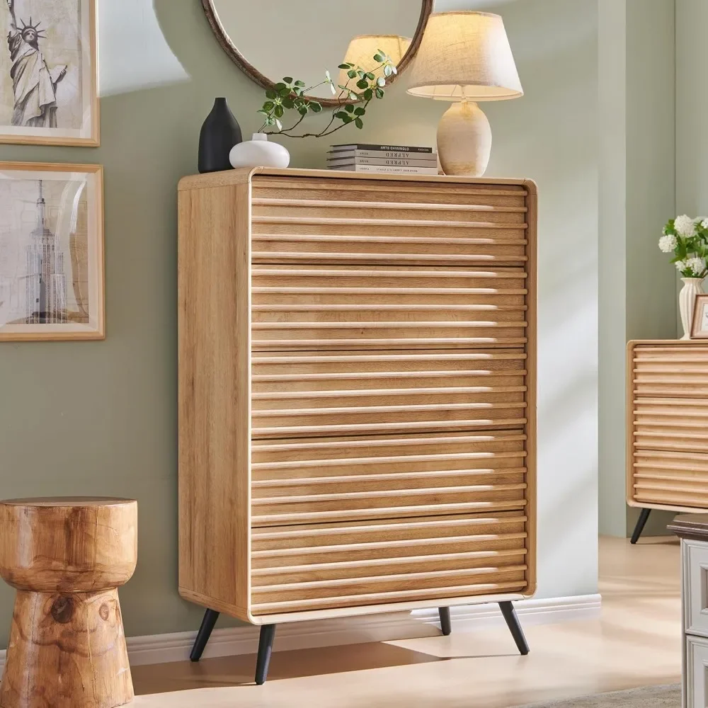 5 Drawers Dresser for Bedroom, 48'' Tall Mid Century Modern Wood Fluted Dresser, Chest of Drawers with Tapered Leg