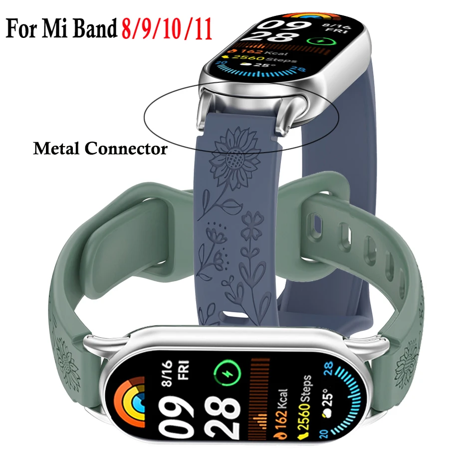 Silikon-Blumen-3D-Gravur-Armband für Xiaomi Band 8 9 10 11 Smartwatch, atmungsaktives Uhrenarmband für Xiaomi Band 8 9 10 11
