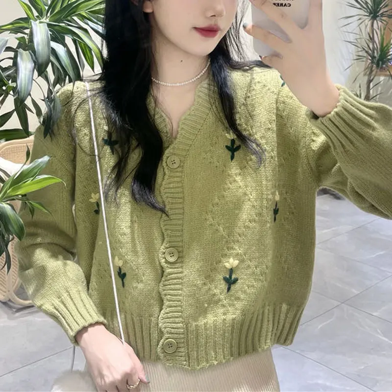 Casual Floral Embroidery Cardigan Stylish Female Clothing V-Neck Loose Korean Spring Autumn Vintage Long Sleeve Knitted Sweaters