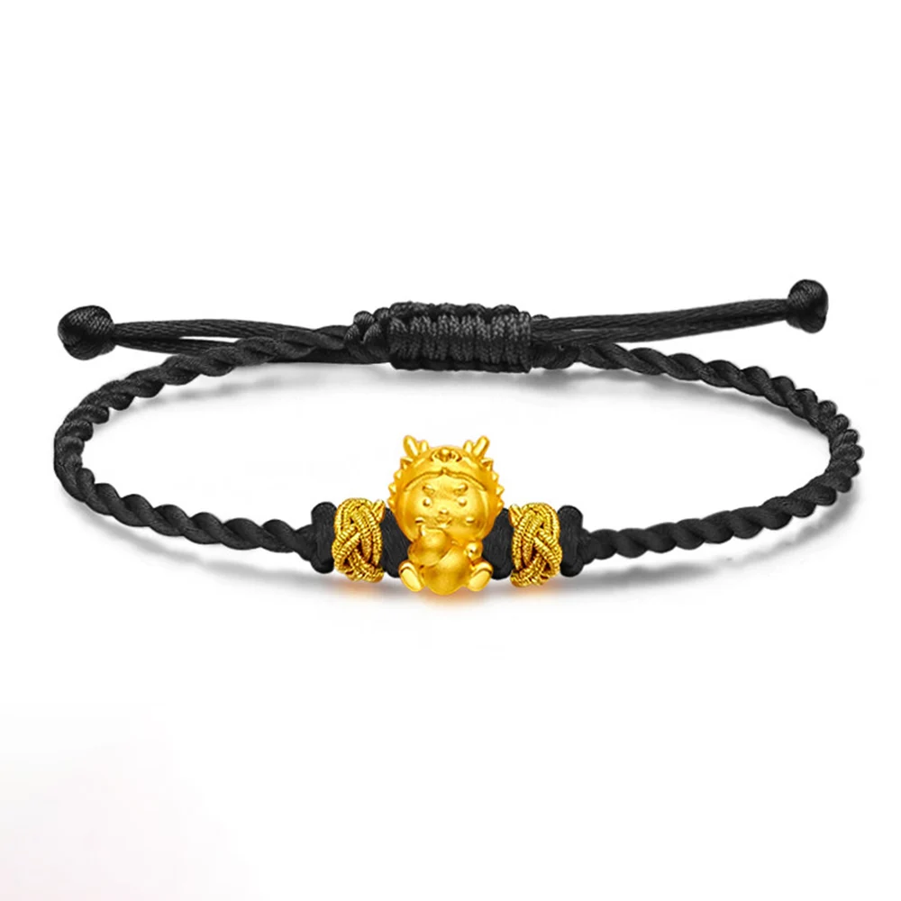 

New Pure 24K Yellow Gold 3D Lovely Dragon Bead Black Cord Knitted Bracelet 0.5g