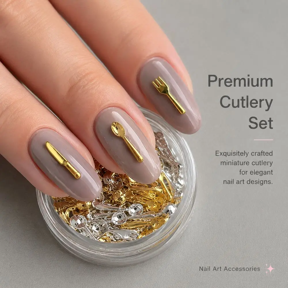 50Pcs Korean Ins Trendy Nail Art Ornaments Mini Fork Spoon Cutlery Charms Gold Silver Metal Studs For Personalized Nail Styling