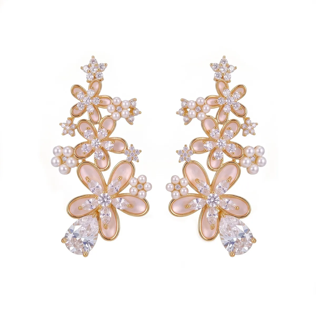 SENYU Floral Pearl CZ Ear Crawler Earrings Gold Plated Pink Shell Flower Ear Cuff Climber Wedding Party Bridal Party Earrings