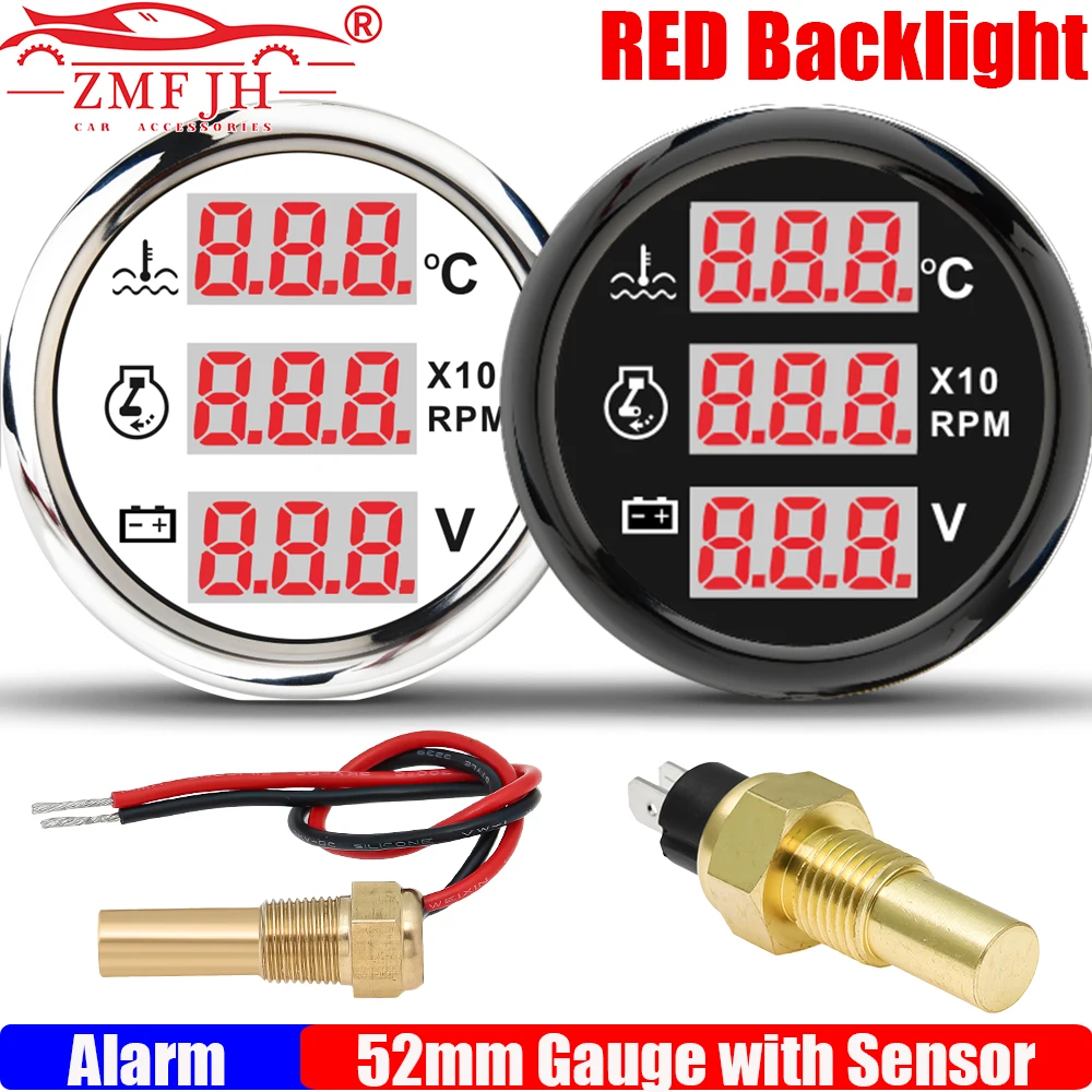 ZMFJH Digital MultiMeter Red Light 52MM Water Temperature Gauge+Tachometer+Voltmeter with Alarm Sensor for Boat Yacht Car Auto
