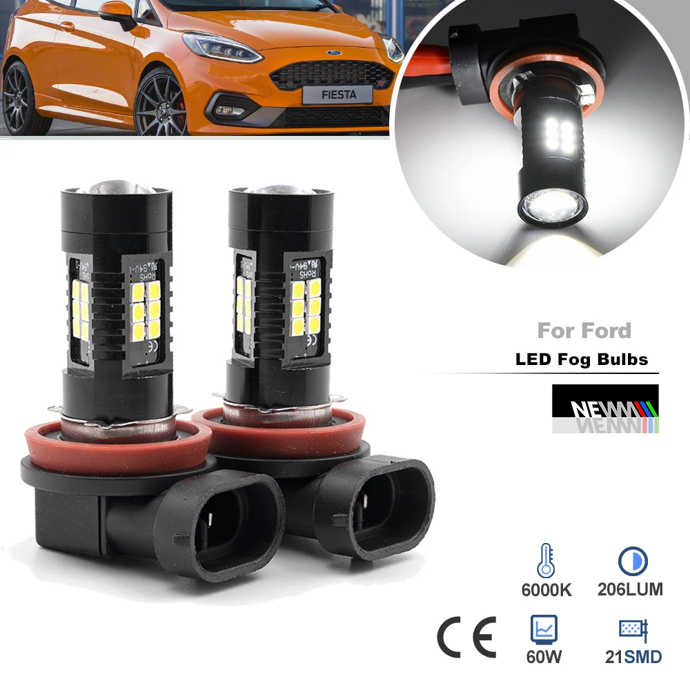 2PCs Fit For Ford Fiesta 5 6 7 2002-2021 Canbus Pure White LED H8 H11 Fog Lamp Bulbs Headlight No Flickering Driving Lights