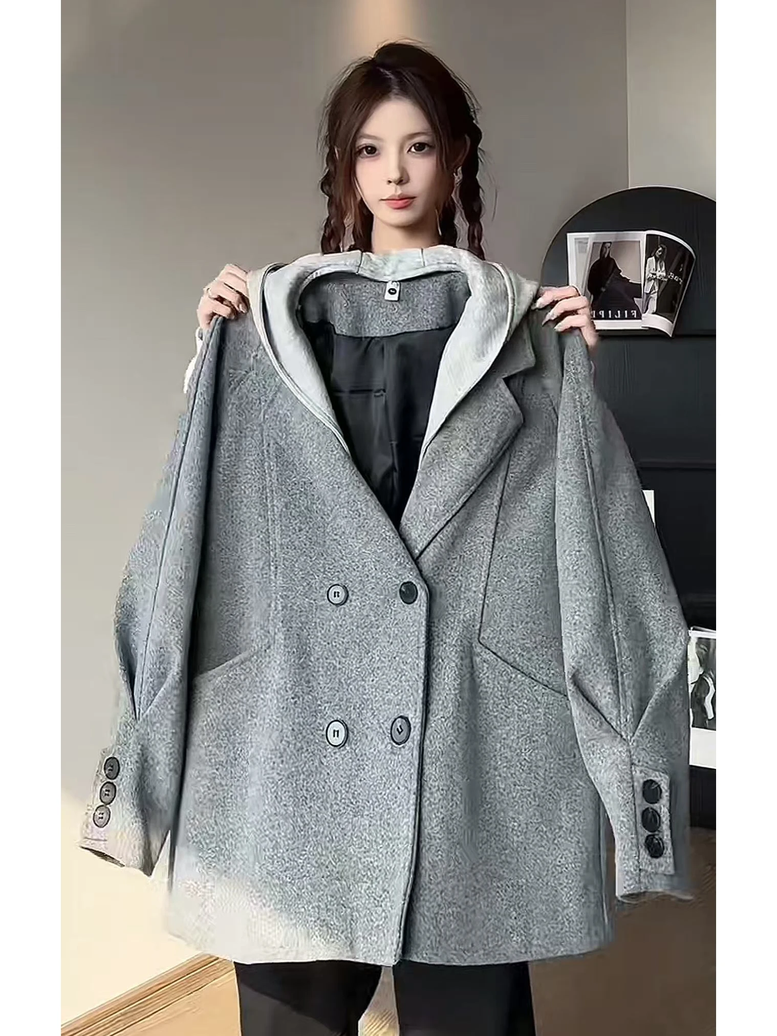 

Мужское шерстяное пальто Cleanfit со съемным капюшоном, модный бренд в американском стиле, зимний модный костюмный пиджак свободного кроя с длинными рукавами