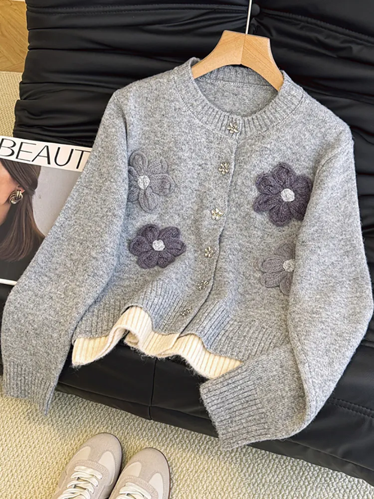 

Handmade Knitted Soft Cozy Women's Open Cardigan Autumn Winter New Style Floral 3D Embroidery Warmth Fashion Korean Style