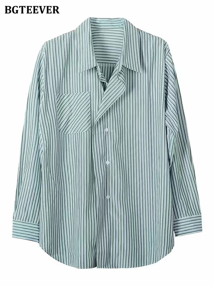 BGTEEVER Stylish Loose Single-breasted Women Striped Shirts Casual Lapel Long Sleeve Ladies Blouses Tops 2022