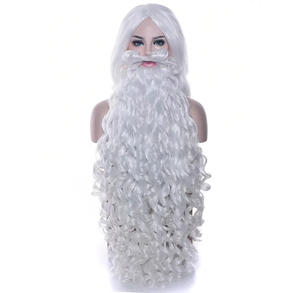 Costumi di natale ricci lunghi 80cm parrucca Cosplay di babbo natale e barba capelli sintetici corti parrucche per capelli regalo di natale SantaClaus