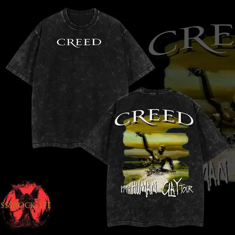 Retro Creed Band Human Clay 1999 Tour Creed Band Graphic Washed T-Shirt – Acid Washed Heavyweight Cotton, Classic 9