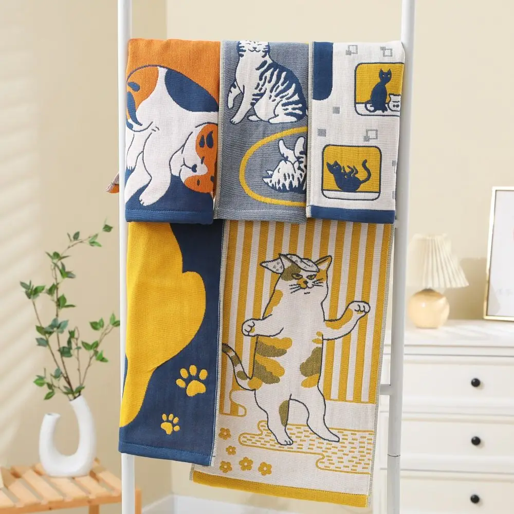 Cute Cartoon Cat Face Towels 3 Layer Cotton Gauze Soft Bath Towel 34x74cm Absorbent Kitchen Towel for Children