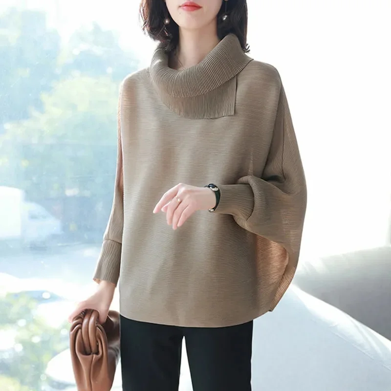 Spring Autumn Turtleneck Bat Shirt For Women Temperament OL Female Pullover Tops Loose Covering Shirts All-Match T-shirts