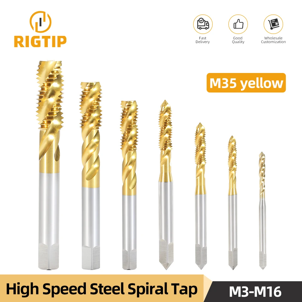 RIGTIP HSS Titanium Shank Spiral Point Plug Screw Tap Machine Thread Tap and Dies Metric Plug Tap For Metalworking Tools M3-M16