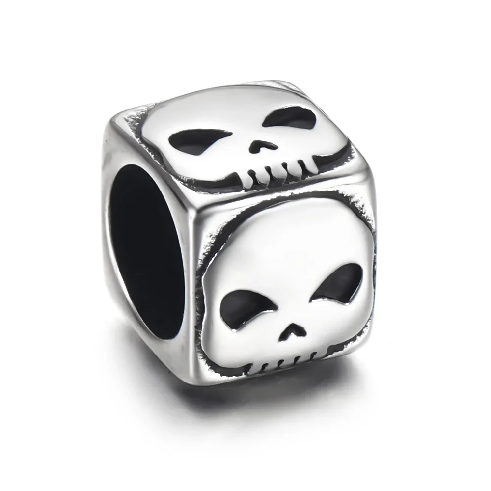 Stainless Steel Skull Square Bead Polished 8mm Large Hole Beads Metal Slide Charm Accessories DIY Bracelet Jewelry Making