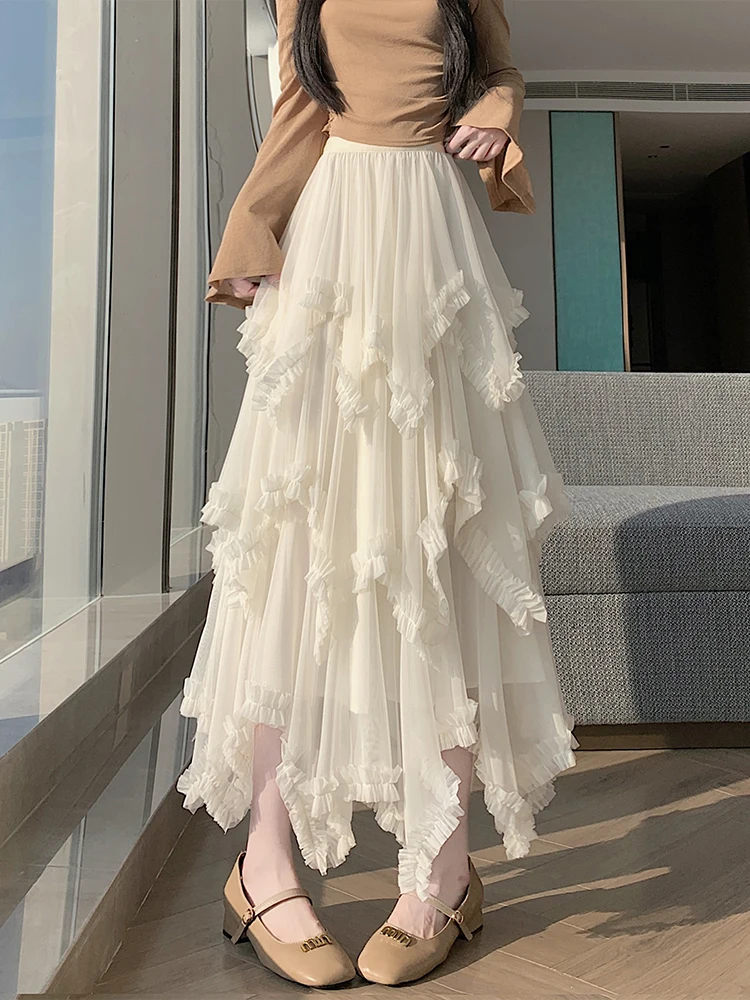 

Юбка А-силуэта с асимметричным кружевным подолом, женская, новая коллекция ранней весны, очень нежная, пышная, многослойная, свободная, плиссированная, для повседневной носки