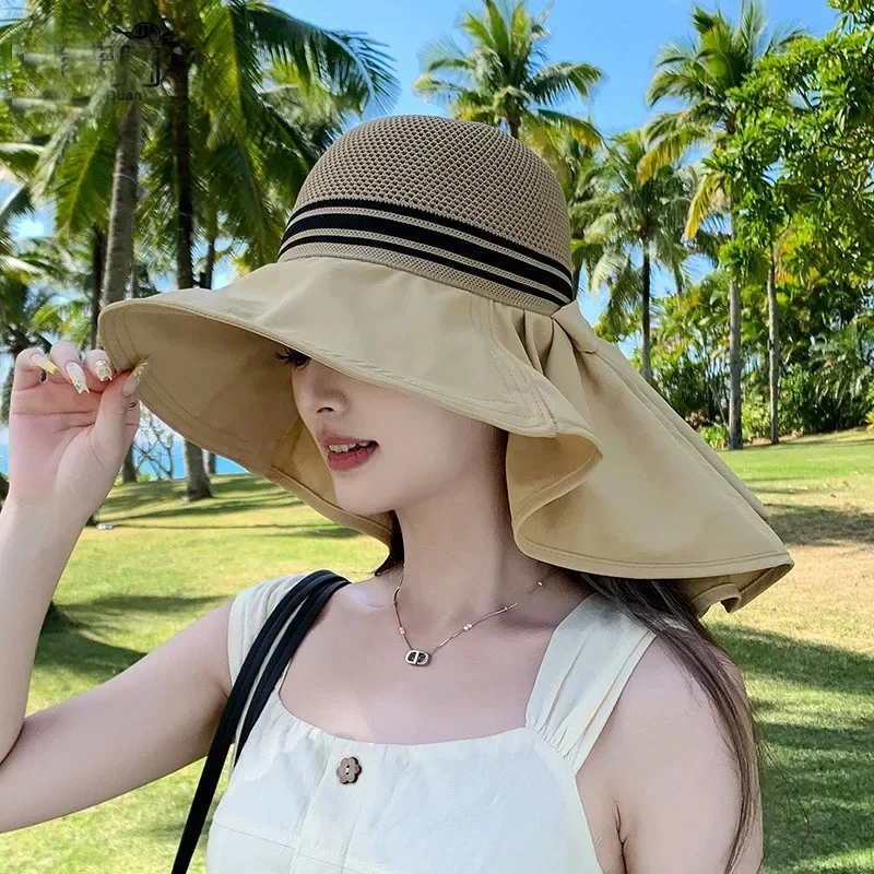 قبعة صيد عصرية صيفية قابلة للتنفس، قبعة كبيرة الحواف للنساء لركوب الدراجات في الهواء الطلق، وشاح حماية للرقبة، قبعة واقية من الشمس