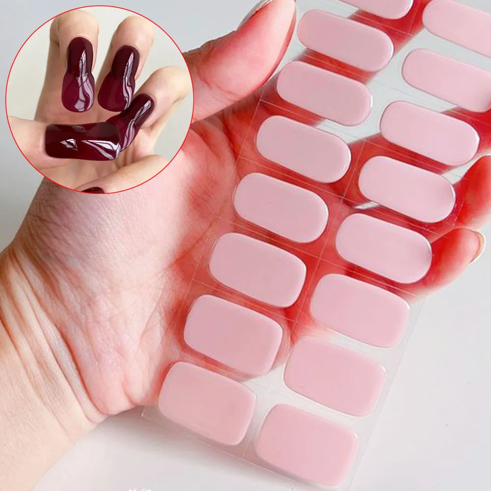 16Tips/pcs Semi Cured Gel Nail Strips Pink (21colors for Choose) Gel Nail Stickers Decal Burgundy Glossy UV Nail Wraps Stickers