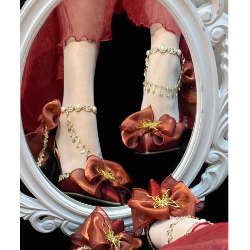 

Red Bow-Knot Chain Pearl Ankle Strap Stiletto Lolita Wedding Shoes Woman Summer 2026 Pointed Toe High Heels Sandals Party Shoes
