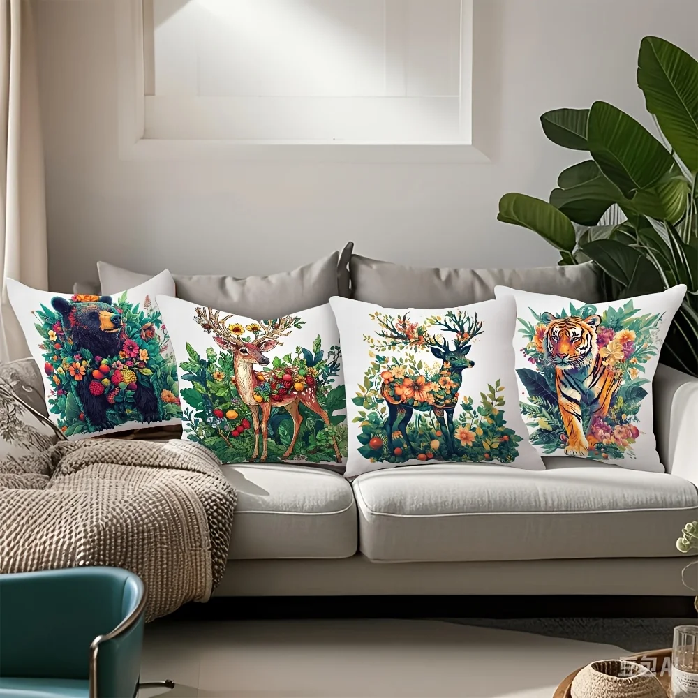 4pcs Animal Print Pillowcases - Bear, Deer, Tiger & Floral Designs, Soft 100% Polyester, 18x18 Inch Square, Zipper Closure, Mach