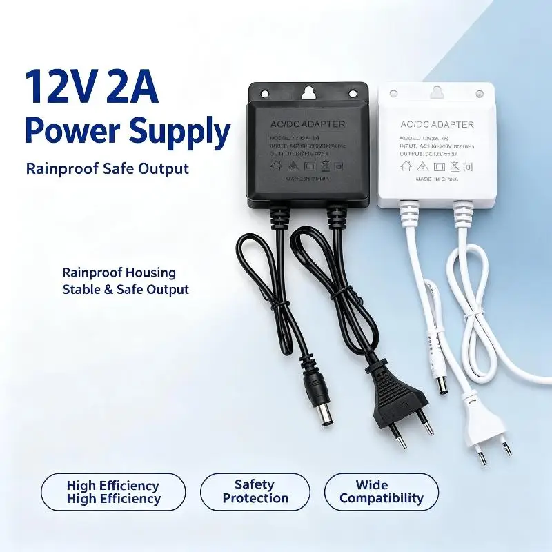 12V 2A AC DC Adapter Rainproof Surge Protection Compatible with Outdoor POE CCTV Security Surveillance Cameras