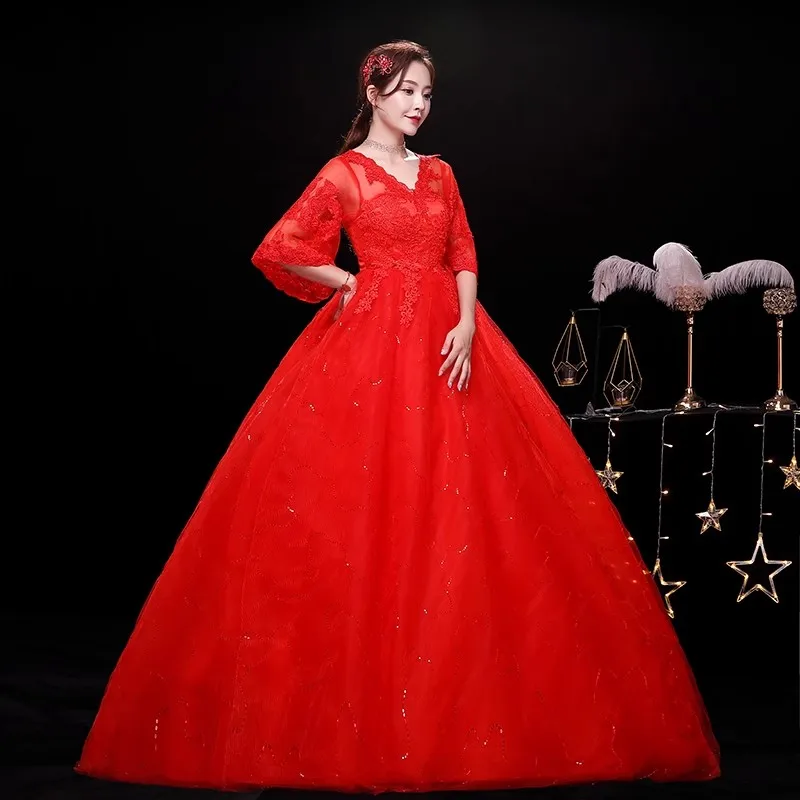 It's Yiiya Red Wedding Dress Embroidery V-neck Half Sleeves Lace up Princess Floor-length Pregnant Woman Bride Ball Gowns XN004