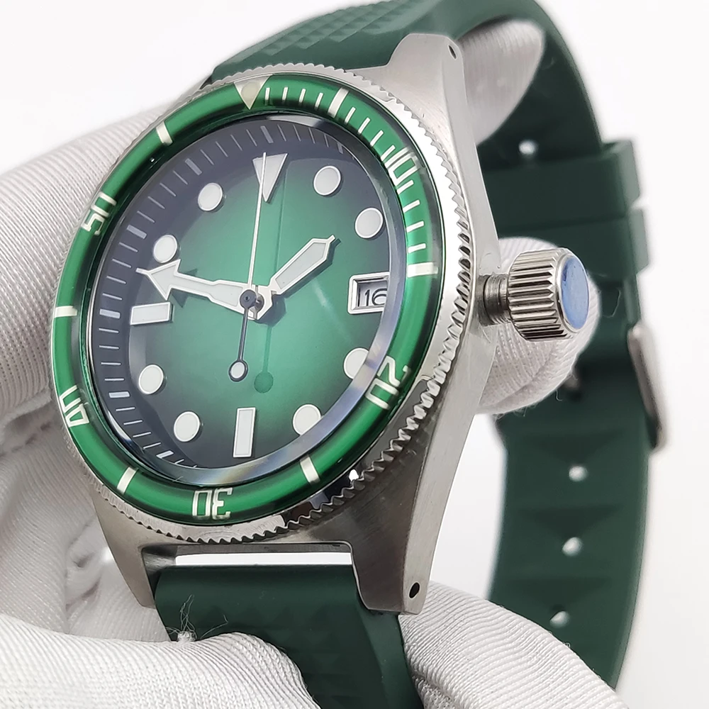 Мужские автоматические повседневные деловые механические часы NH35 с сапфировым стеклом и зеленым стерильным циферблатом, модные часы с резиновым ремешком