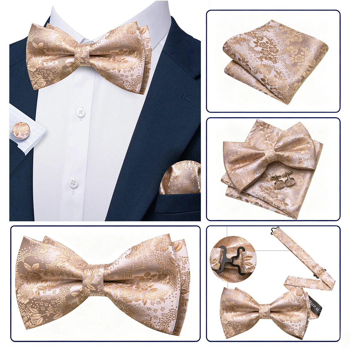 VERVEROW Mens Floral Pattern Bow Tie Set Pre‑tied Bowtie with Pocket Square Formal Suit Accessories for Wedding Groom Party Prom