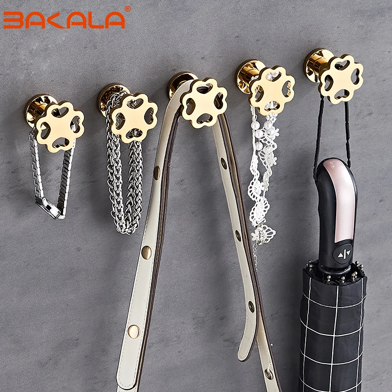 BAKALA Quality clover design Golden Polished Stainless Steel Clothes Hook Wall Mounted Towel Hook Bathroom Hardware Robe Hook