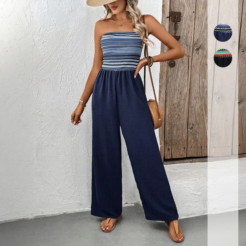 

Chic Summer Jumpsuits Women Rompers Female Vacation Sexy Casual Simple Jumpsuit Tube Top Elastic Waist Striped Jumpsuit Y2K