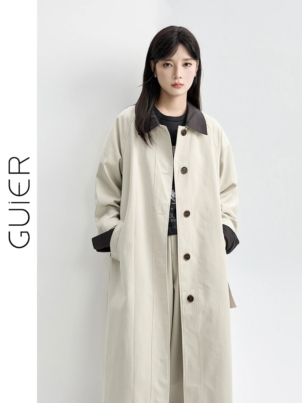 

Женское пальто Guier с воротником, осеннее, новое, элегантное, из смесового хлопка и полиэстера, с длинными рукавами, средней длины, на одной пуговице