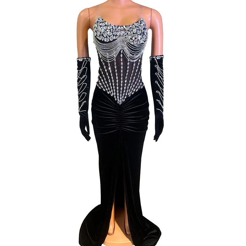 Amazing Dress Long, Sparkling Mermaid Evening Dress Gloves High end Crystal Elegant Formal Dress Ladies Wedding Party Prom Dress