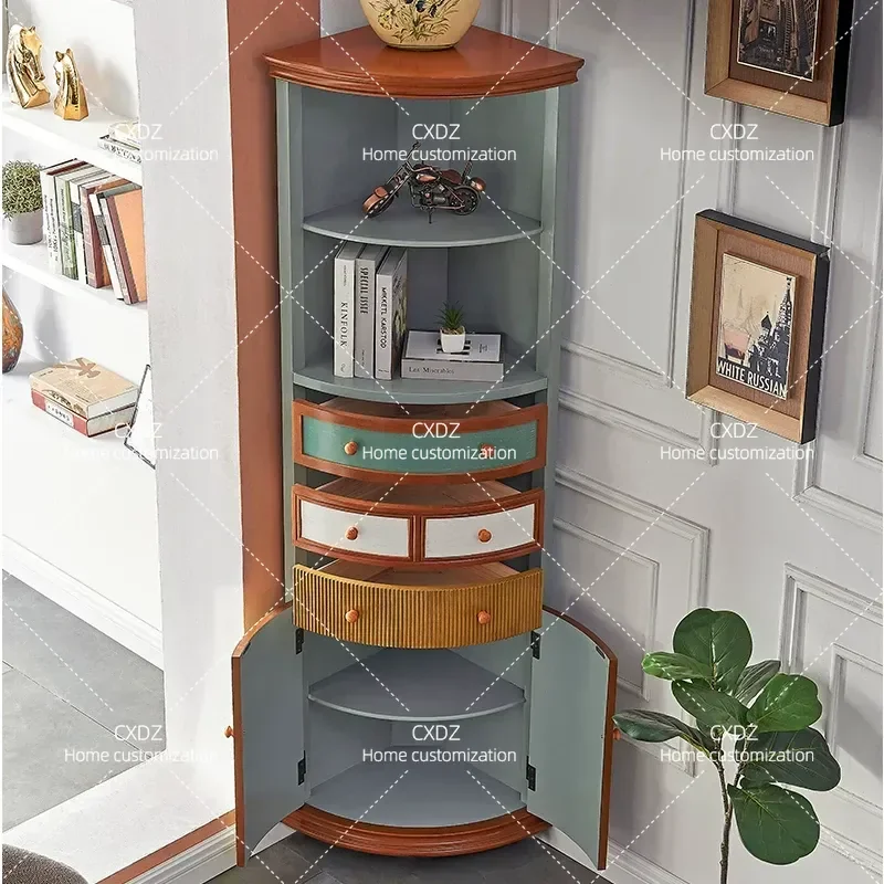 Rustic Corner Cabinet Mediterranean Style Living Room Triangle Storage Wine Rack Retro Curved Edge Wooden Display Shelf