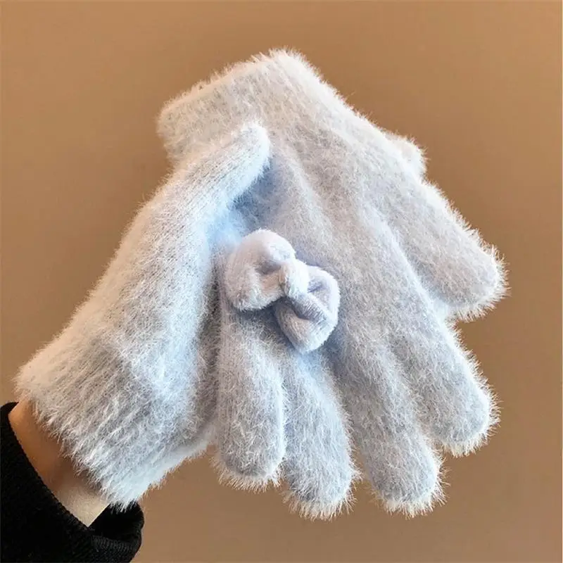 Gants en peluche avec nœud doux pour femmes, chauds d'hiver, à cinq doigts, résistants au froid, accessoires de mode pour étudiants, idées cadeaux de noël