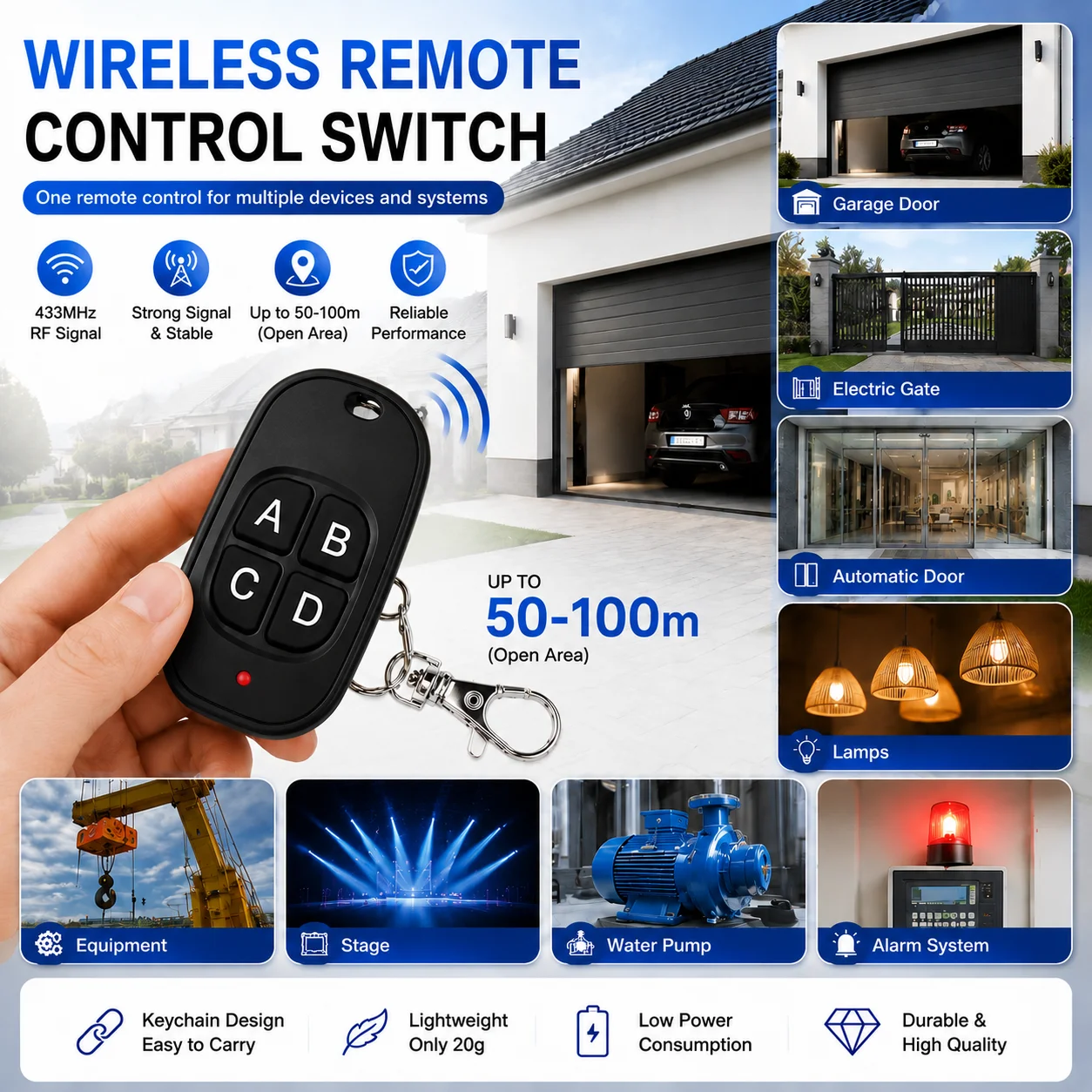 20/10/5PCS 433MHz RF Remote Control Universal Garage Remote 4 Key Duplicator Controller Replacement Wireless Car Keys for Garage