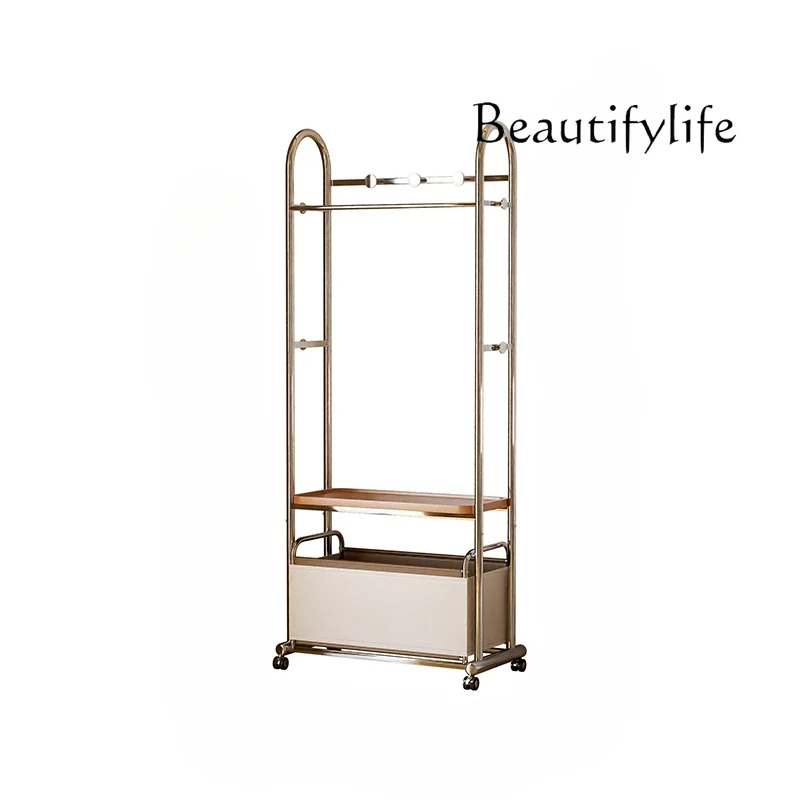 High-Grade Middle-Ancient Stainless Steel Hanger Floor Mobile Multi-Functional Laundry Basket Vintage Coat Rack