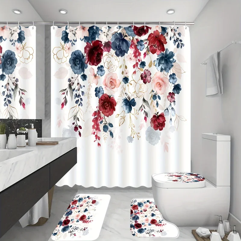 4pcs Watercolor Floral Pattern Shower Curtain Set, Waterproof Bath Curtain With 12 Hooks, U-shaped Mat, Toilet Cover Mat, L-sh