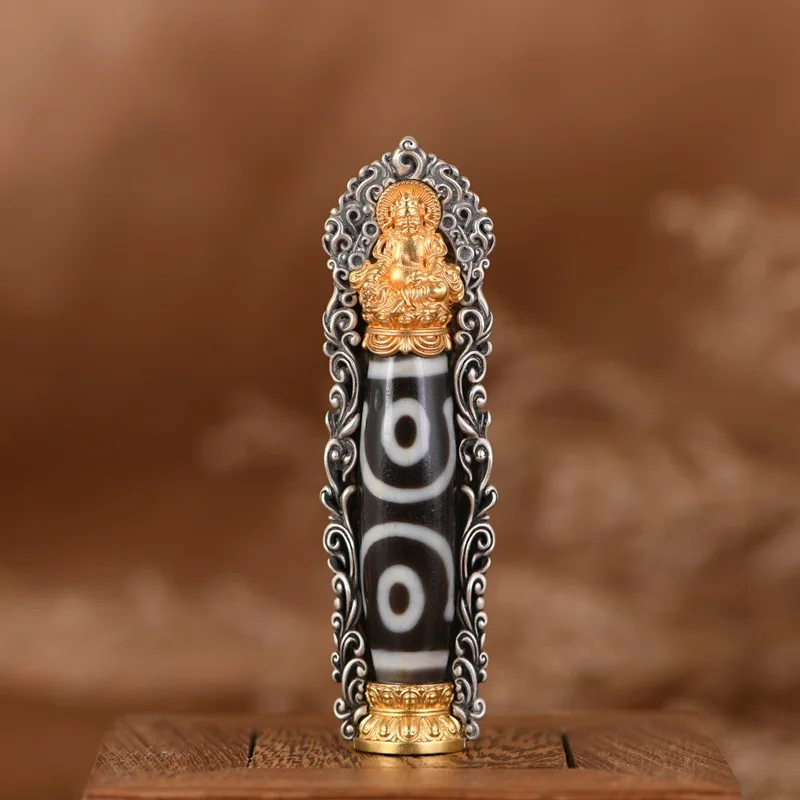 

Yellow Jambhala & Dzi Pendant Ethnic Tibetan, S925 Silver Gold Plated Vine Flame Vajra