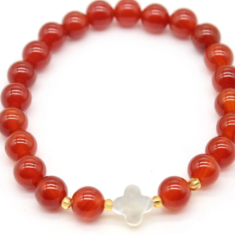 Natural Stone Red Carnelian Elastic Beaded Bracelet Clover Shell Spacer Beads Bangle Men Women Bracelets JewelryYoga Gifts 8mm