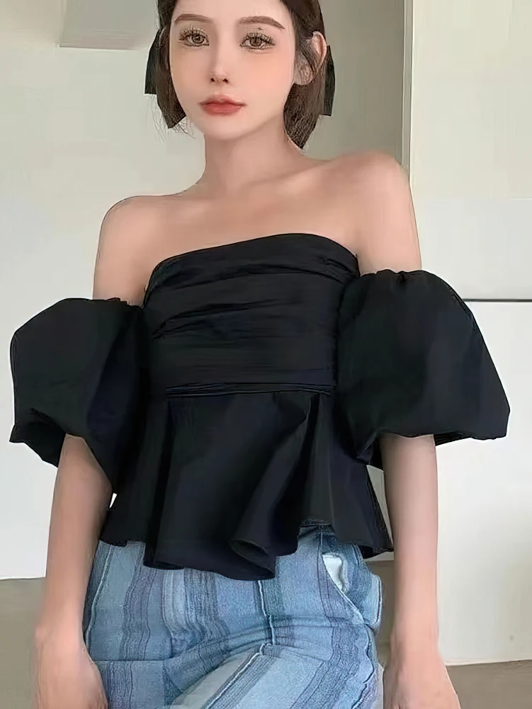 Silk Denim Puff sleeve Woman Shirt Youth Sexy Off shoulder Blouse Summer Korean Fashion Summer Tops Backless