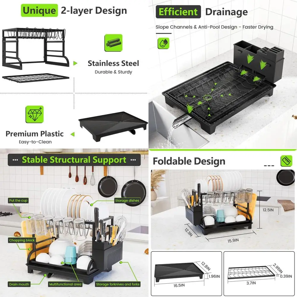 

2-Tier oldable Dish Drying Rack with Drainboard, StainlSteel Large acity Kitchen Counter Organizer with Cup Holder, Utensil & Cu