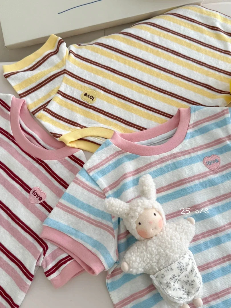 Cseta de manga corta de verano para niñas, csa básica de media manga a rayas bordadas, Top de seda versátil y e,...