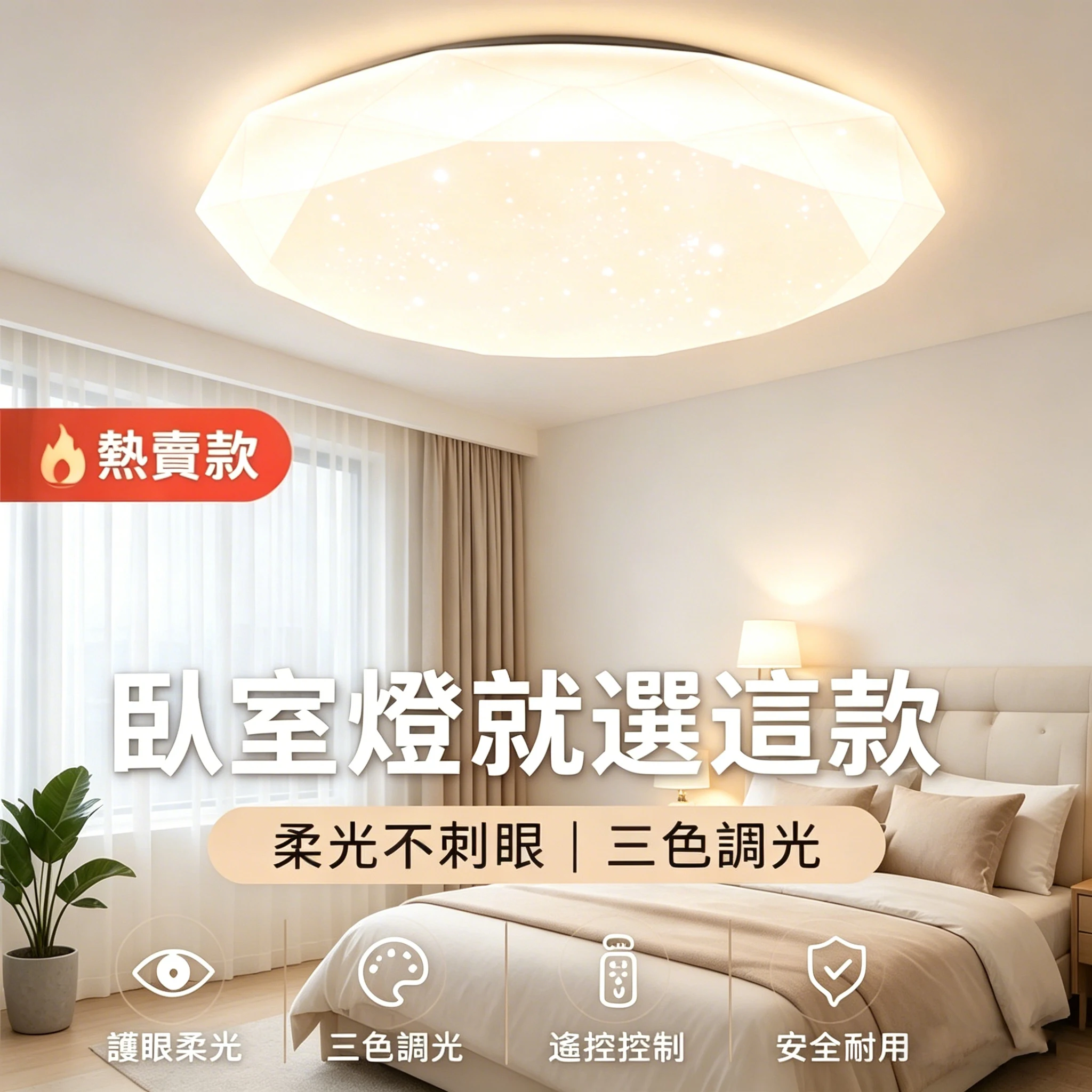 LED ceiling lamp 85-265V for home bedrooms and study rooms, warm star diamond eye-friendly lighting, high brightness