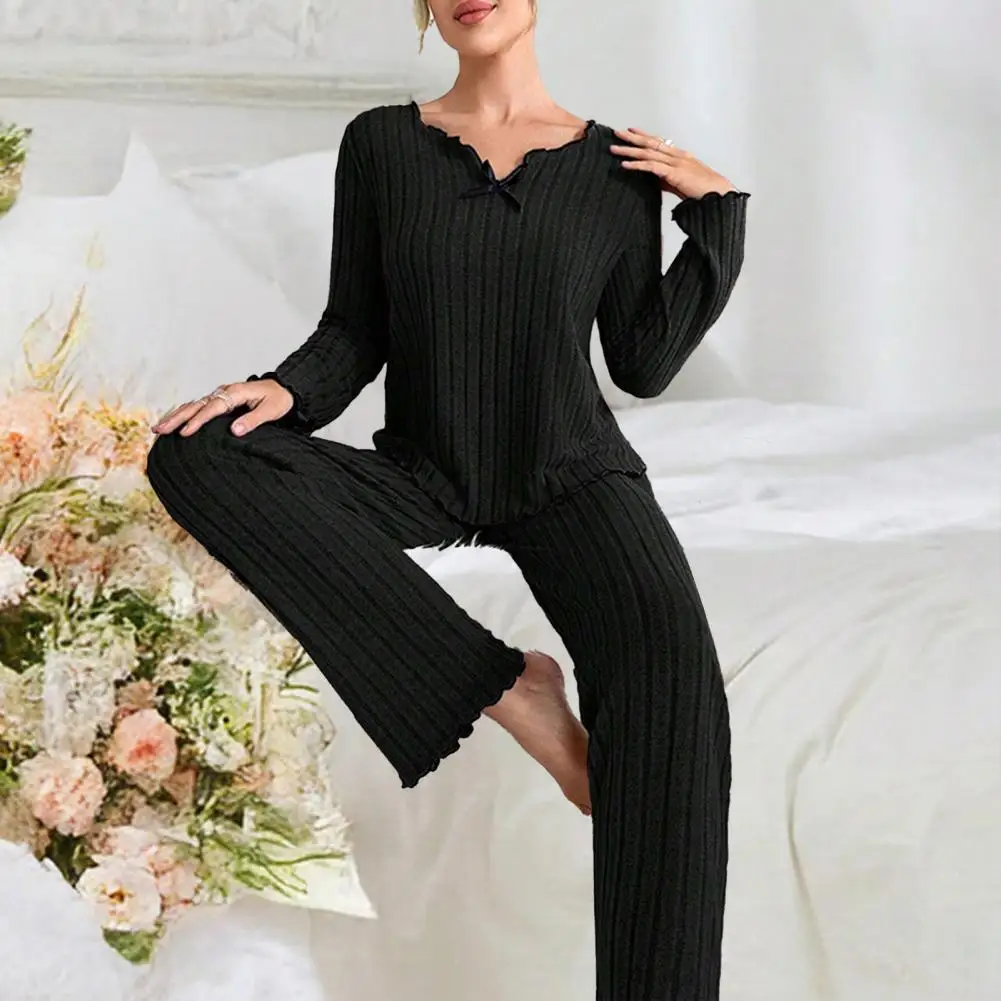 Women Pajama Set 2pcs Women Pajamas Set V-neck Long Sleeve Lace Trim Tops Elastic Waist Ribbed Sleepwear Pants Solid Color